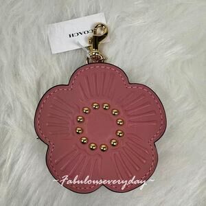 Coach Tea Rose Bag Charm In Leather/Gold/Peony CDB15 + Coach Pouch NWT